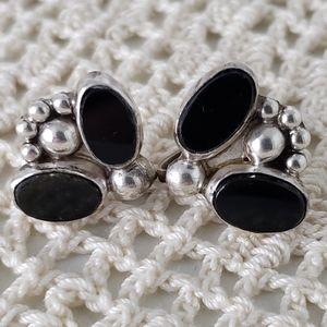 Antique Vintage 925 Black Onyx Screw Back Earrings